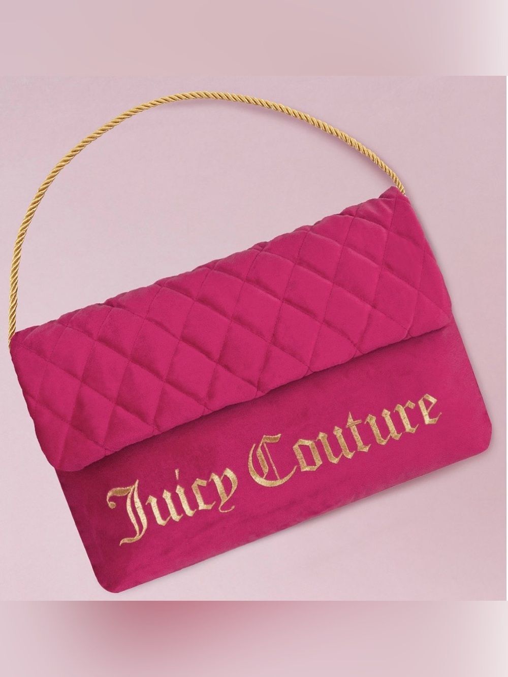 Juicy Couture Hot Pink w/Gold Rope & Embroidered Logo Purse Style Pillow NWT - Picture 7 of 8